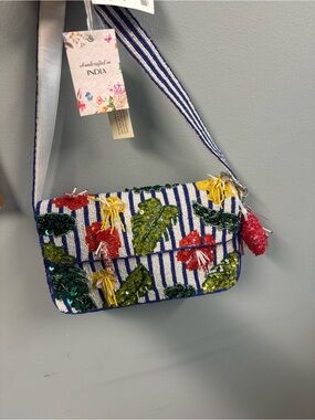 Handcrafted Beaded Floral Shoulder Bag - Blue & White Striped